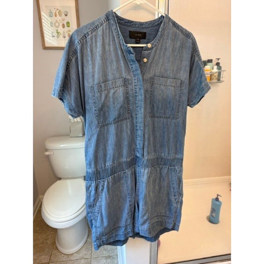 J.Crew Womens Chambray Short Sleeve Romper Blue Cotton Linen Blend Size 10